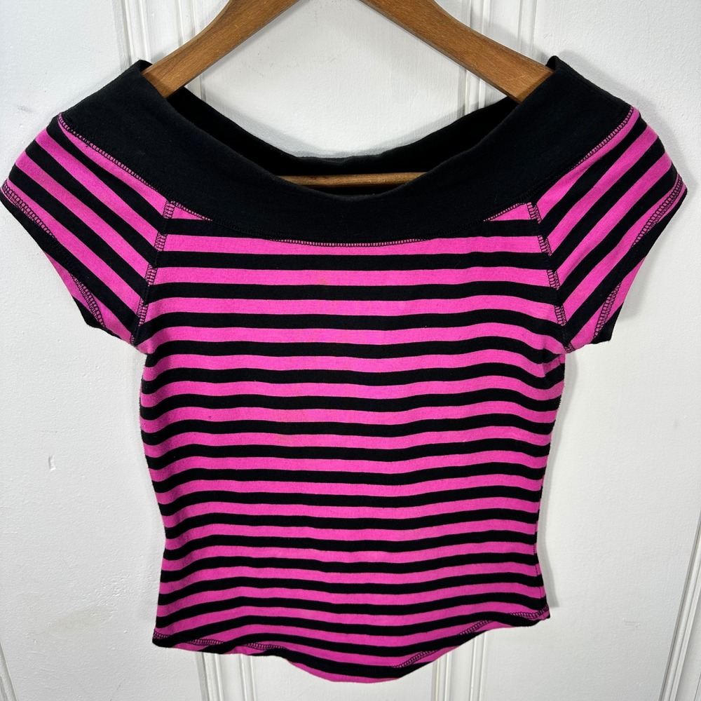 Vintage Y2K Energie Pink Black Striped Off Shoulder Baby Tee Top Size S Baby Tee
